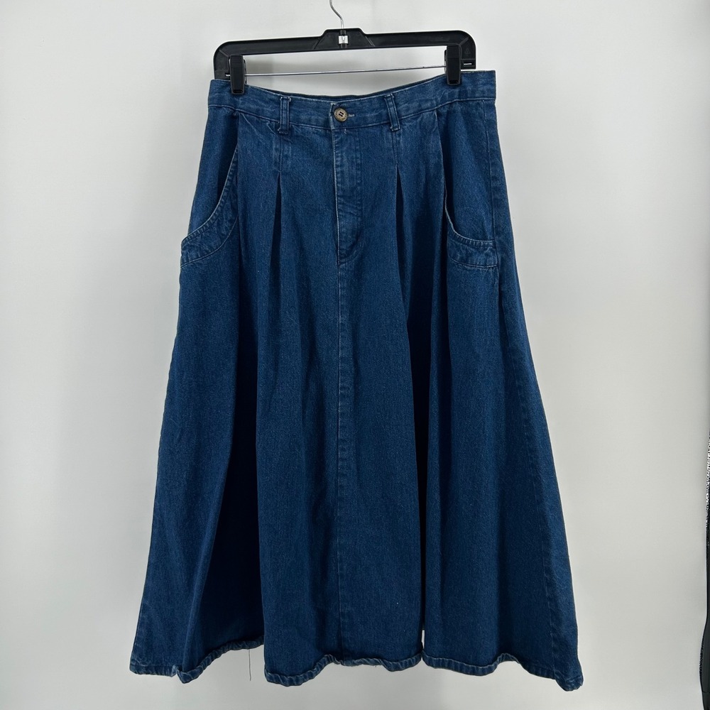 Vintage 80s Cherokee Denim Midi Skirt Women's L 31" Blue High Waist Pleated USA
